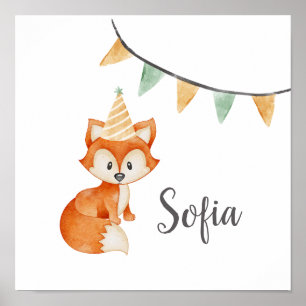 Cute Fox Woodland Party Hat Happy Birthday Poster
