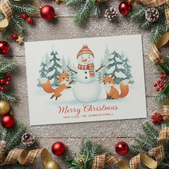 Cute Foxes and Snowman Merry Christmas Holiday Card (Creator Uploaded)