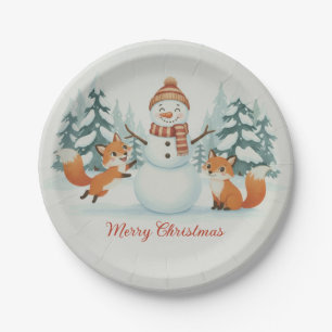 Cute Foxes and Snowman Merry Christmas Paper Plate