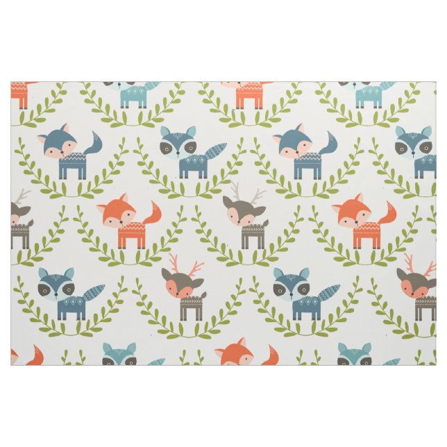 Cute Foxes & Deer With Green Wreath Pattern Fabric (Fat Quarter)