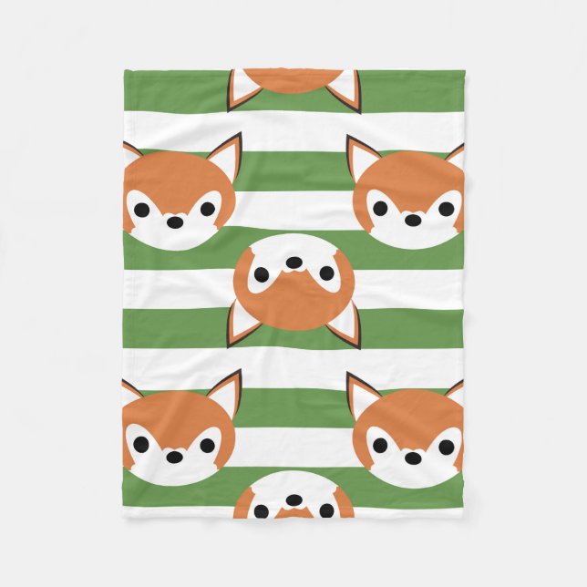 Cute Foxes & Green Stripes Fleece Blanket (Front)