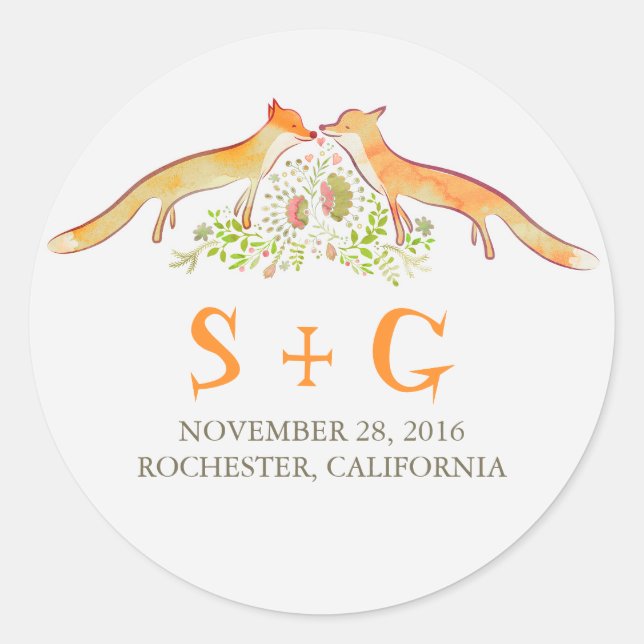 Cute Foxes Wedding Stickers (Front)
