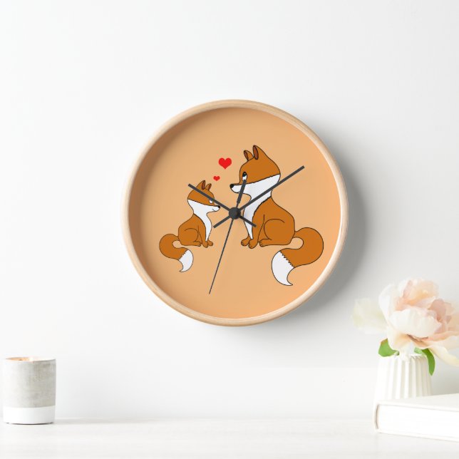 Cute foxes with hearts, hand drawn clock (Home)