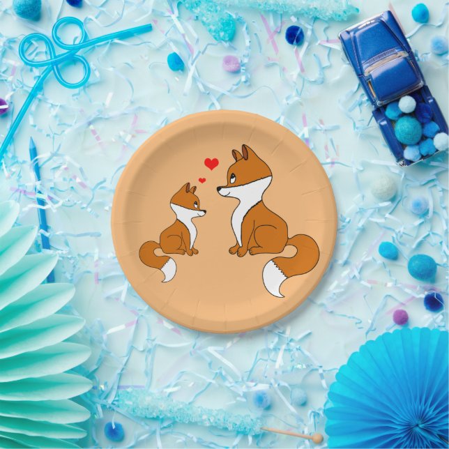 Cute foxes with hearts, hand drawn  paper plate (Party)