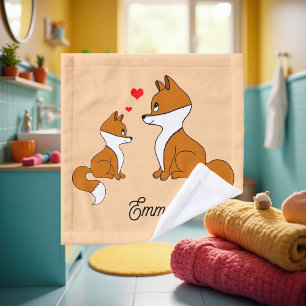 Cute foxes with hearts, hand drawn, personalised  wash cloth