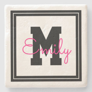 Cute Framed Name & Monogram   Black & Hot Pink Stone Coaster