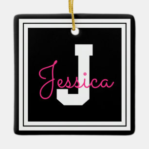 Cute Framed Name & Monogram Black White & Pink Ceramic Ornament