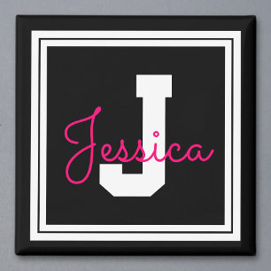 Cute Framed Name & Monogram   Black White & Pink Magnet