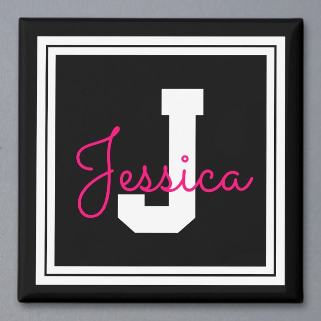 Cute Framed Name & Monogram | Black White & Pink Magnet (Creator Uploaded)