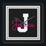 Cute Framed Name & Monogram | Black White & Pink Square Wall Clock<br><div class="desc">Cute fully customisable name and monogram.</div>