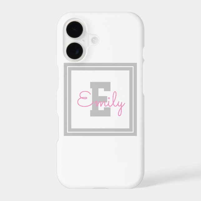 Cute Framed Name & Monogram | Light Grey & Pink (Back)
