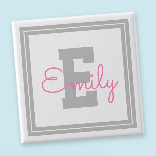 Cute Framed Name & Monogram | Light Grey & Pink 15 Cm Square Badge (Creator Uploaded)