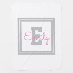 Cute Framed Name & Monogram   Light Grey & Pink Baby Blanket
