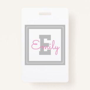 Cute Framed Name & Monogram   Light Grey & Pink ID Badge