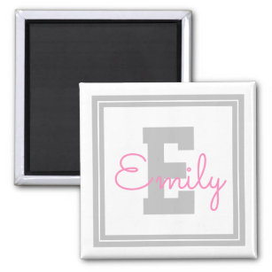 Cute Framed Name & Monogram   Light Grey & Pink Magnet
