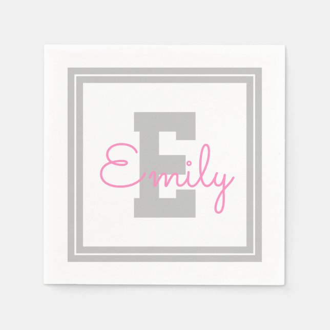 Cute Framed Name & Monogram | Light Grey & Pink Napkin (Front)