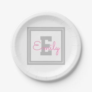 Cute Framed Name & Monogram   Light Grey & Pink Paper Plate