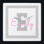 Cute Framed Name & Monogram | Light Grey & Pink Square Wall Clock<br><div class="desc">Cute fully customisable name and monogram.</div>