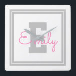 Cute Framed Name & Monogram | Light Grey & Pink Square Wall Clock<br><div class="desc">Cute fully customisable name and monogram.</div>