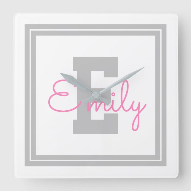 Cute Framed Name & Monogram | Light Grey & Pink Square Wall Clock (Front)