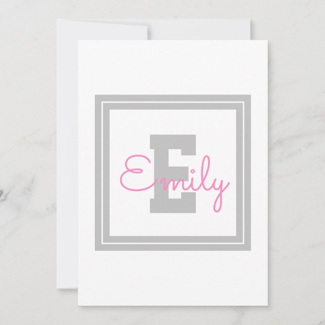 Cute Framed Name & Monogram | Light Grey & Pink Thank You Card (Front)