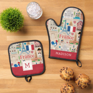 Cute France Icons Oven Mitt & Pot Holder Set
