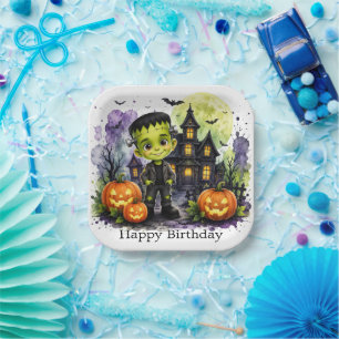 Cute Frankenstein Boy Halloween Birthday Party Paper Plate
