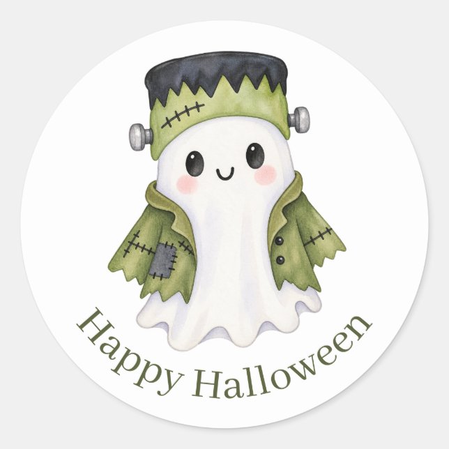 Cute Frankenstein Ghost | Kids Spooky Halloween Classic Round Sticker (Front)