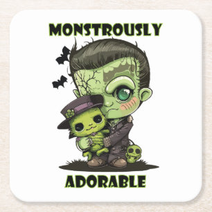 Cute Frankenstein Monster with plushie Square Paper Coaster