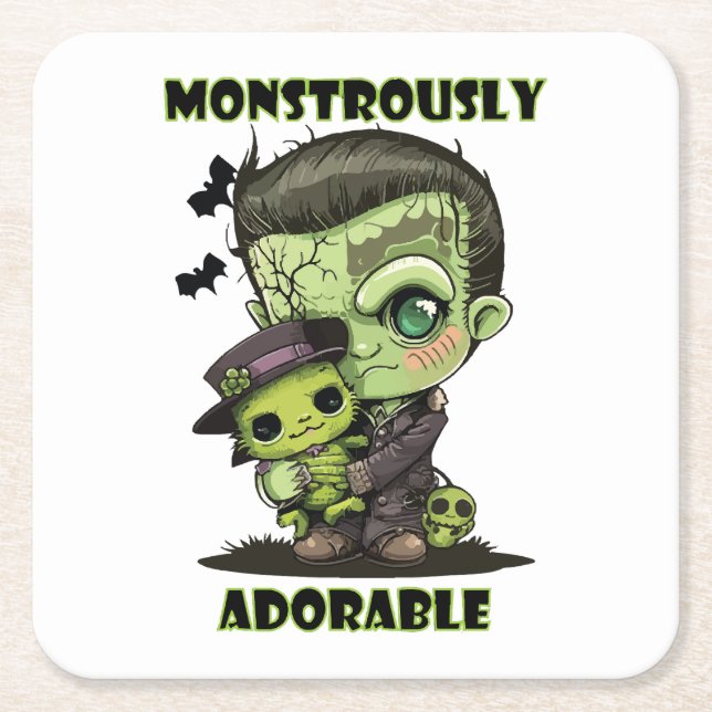 Cute Frankenstein Monster with plushie Square Paper Coaster (Front)
