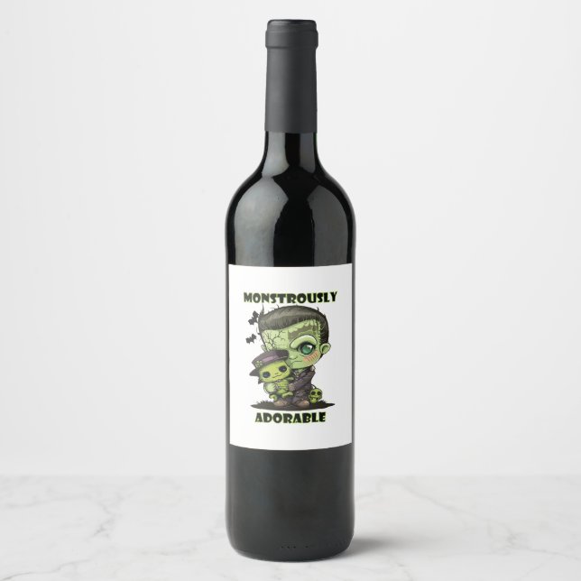  Cute Frankenstein Monster with plushie Wine Label (Front)