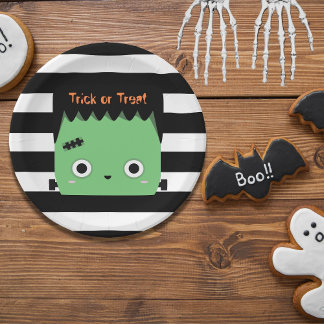 Cute frankenstein trick or treat striped paper plate
