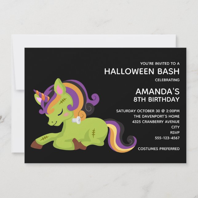 Cute Frankenstein Unicorn Halloween Birthday Invitation (Front)