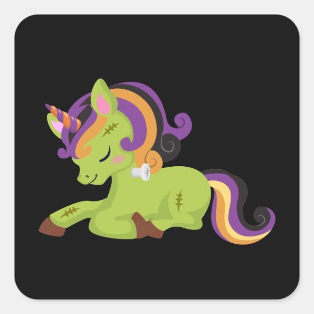 Cute Frankenstein Unicorn Halloween Drawing Square Sticker (Front)