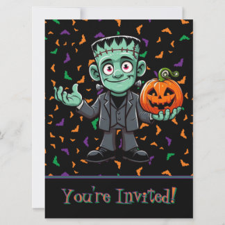 Cute Frankenstein's monster with bats/pumpkin Holiday Card