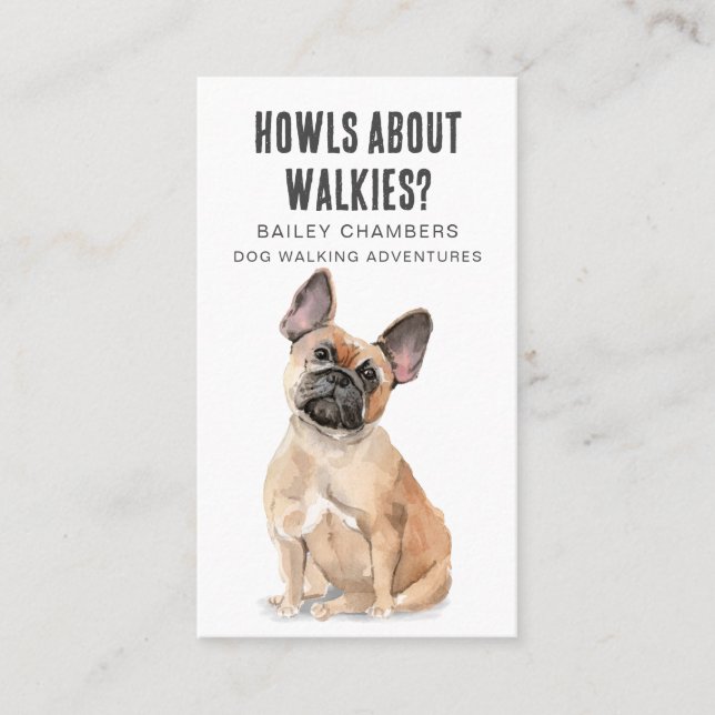 Cute French Bull Dog Watercolor Dog Walker  Business Card (Front)
