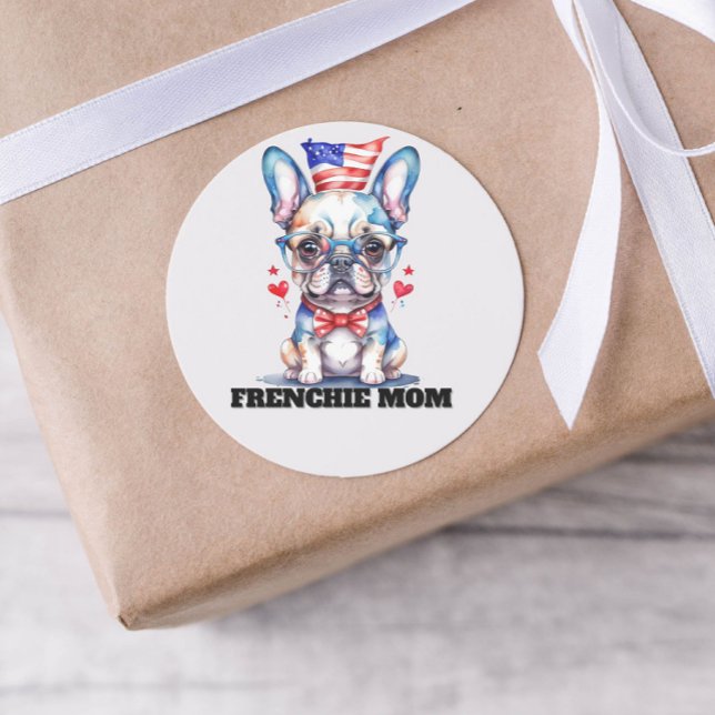 Cute French Bulldog American Flag with Hearts Classic Round Sticker (Creator Uploaded)