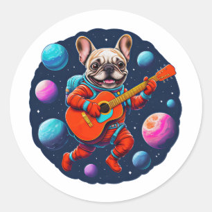 Cute French Bulldog Astronaut Playing Guitar – Fun Classic Round Sticker
