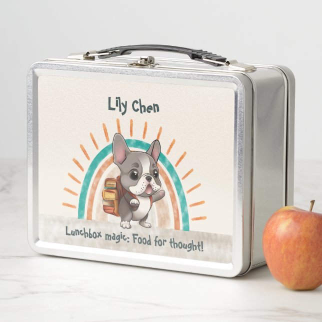 Cute French bulldog back to school rainbow Metal Lunch Box (In Situ)