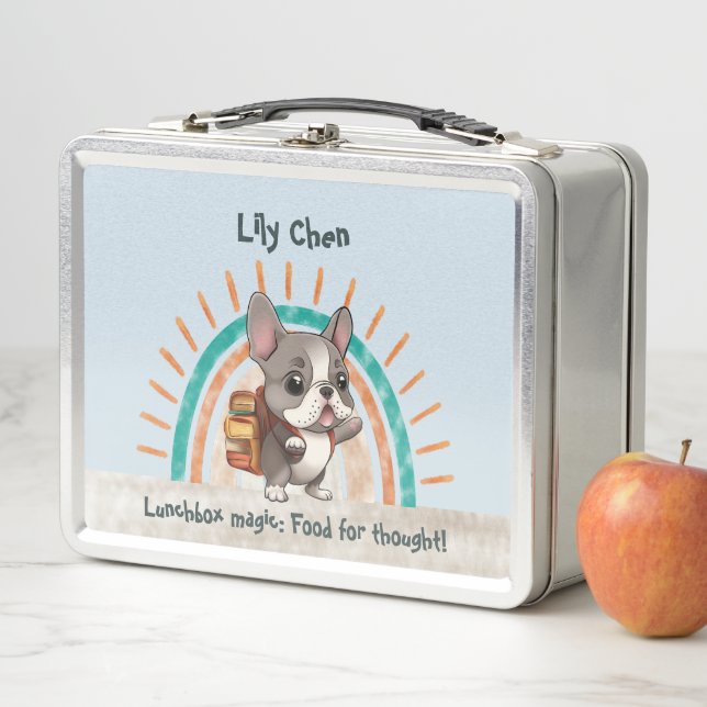 Cute French bulldog back to school rainbow Metal Lunch Box (In Situ)