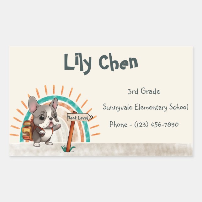 Cute French Bulldog Back to School Rainbow Rectangular Sticker (Front)