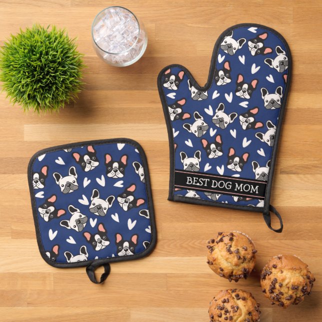 Cute French Bulldog Best Mum Pattern Oven Mitt & Pot Holder Set (Top Down)
