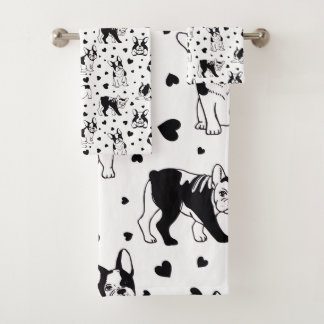 Cute French Bulldog Black and White Hearts Pattern Bath Towel Set