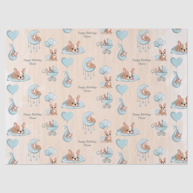 Cute French Bulldog Blue Baby blue Birthday Tissue Paper (Front)