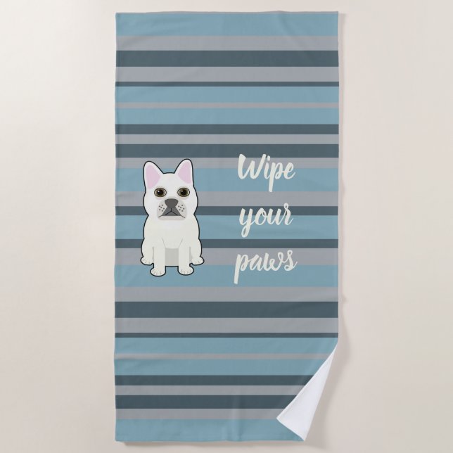 Cute French Bulldog Blue Striped Beach Towel (Front)