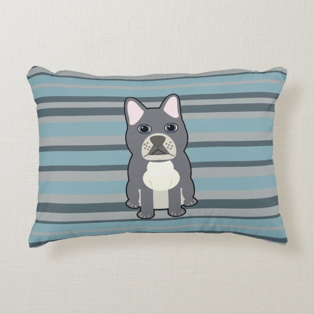 Cute French Bulldog Blue Striped Decorative Cushion (Front)