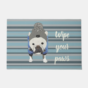 Cute French Bulldog Blue Striped Doormat