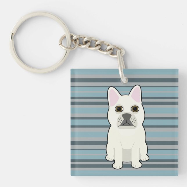 Cute French Bulldog Blue Striped Key Ring (Front)
