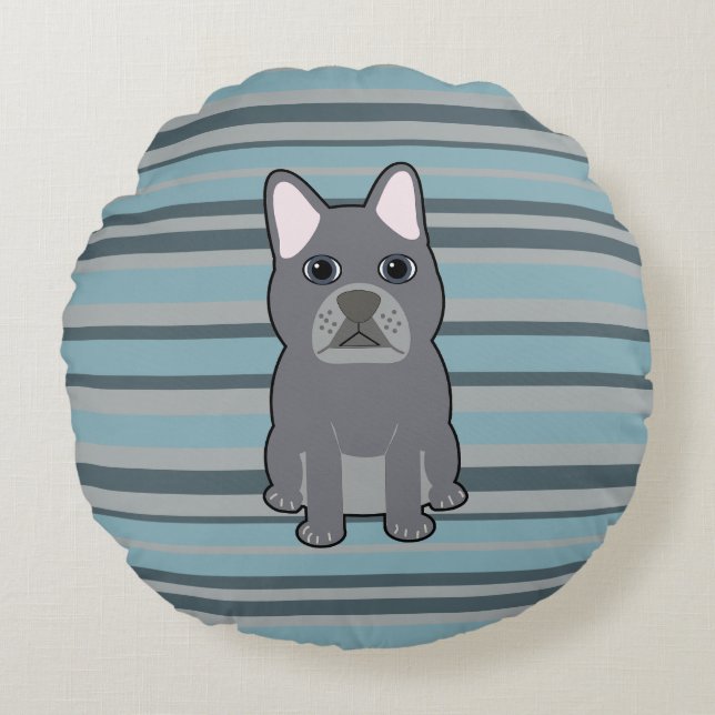 Cute French Bulldog Blue Striped Round Cushion (Front)