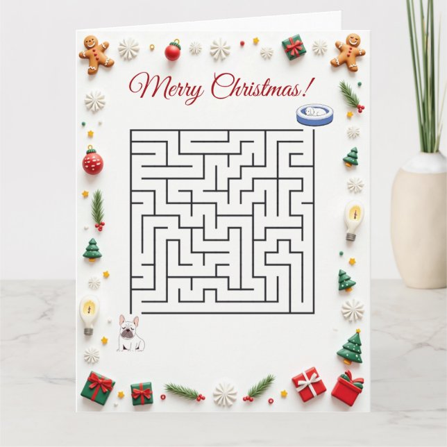 Cute French BullDog Christmas Maze Puzzle Holiday Card (Front)
